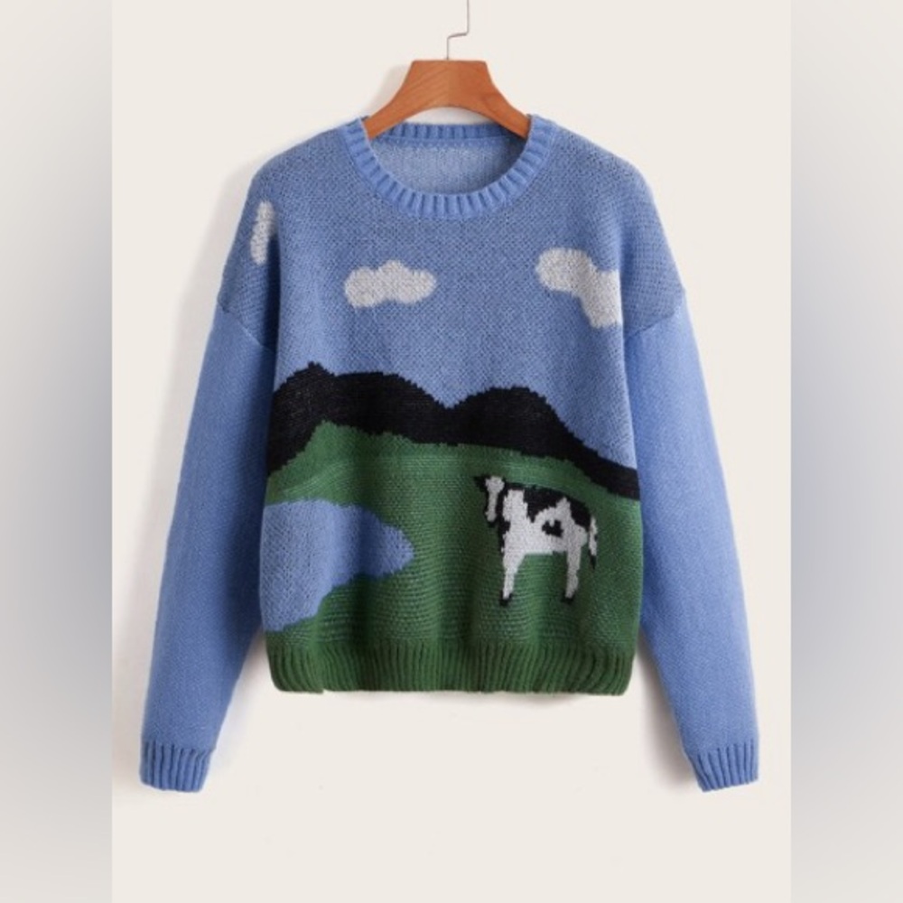 Colour Block Cow Pattern Drop Shoulder Sweater